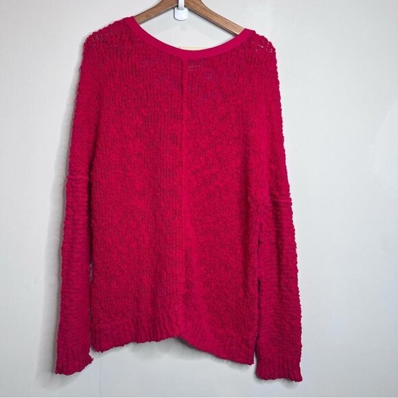 Free People Womens Size Small Bright Pink Loose Knit V Neck Oversized Sweater - Picture 2 of 9